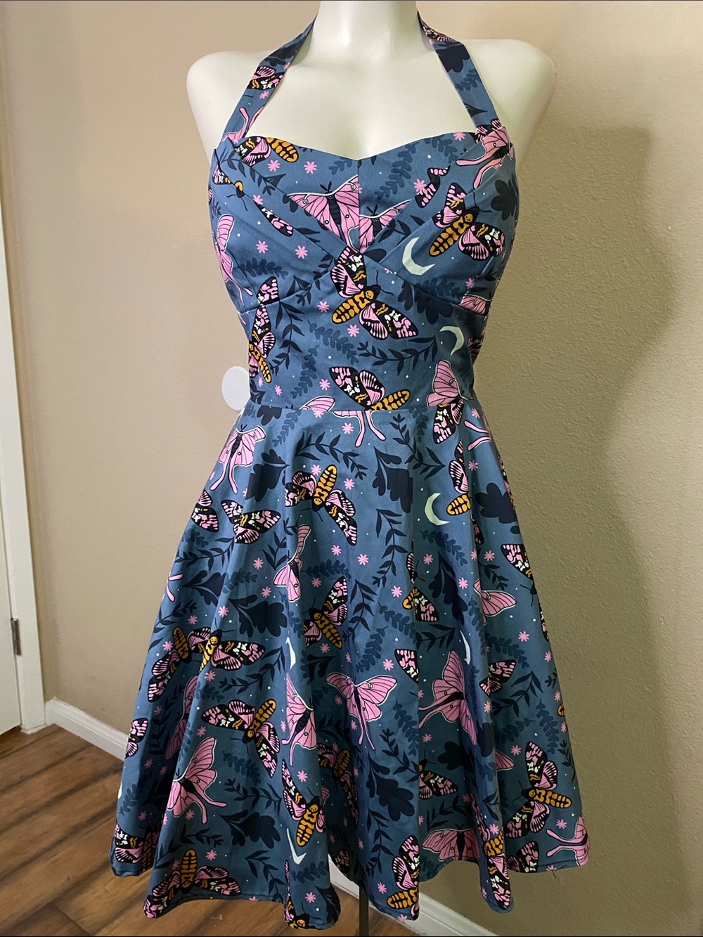 EVA ROSE blue pink fun moth rockabilly dancehall pinup halter dress L 💕